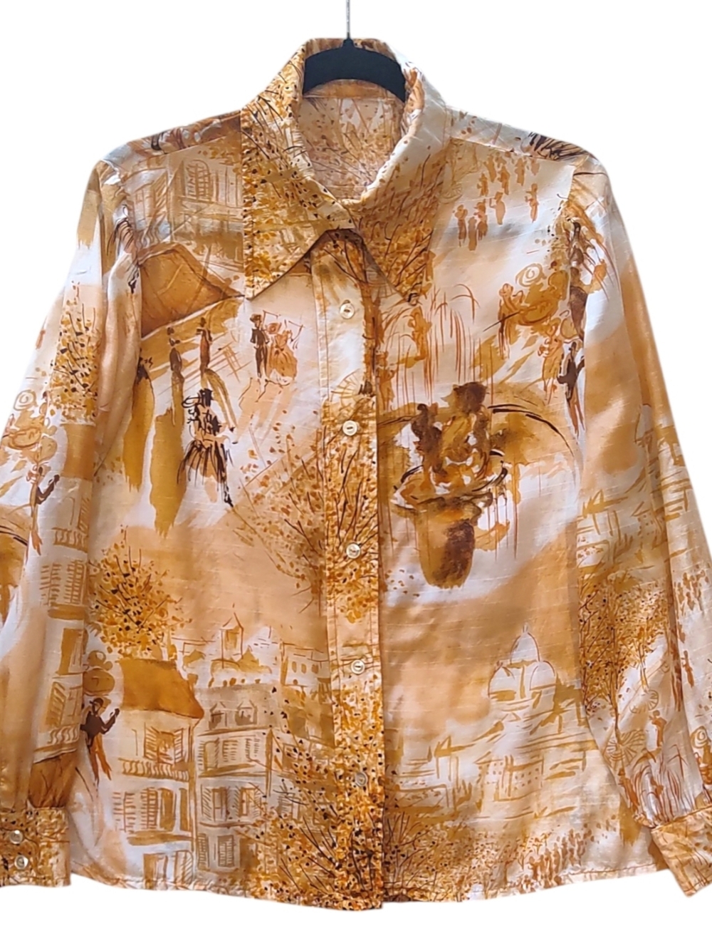 Vintage 70s Shirt All Over Print Dagger Collar Blouse City Scene Hippie Sz M/L*